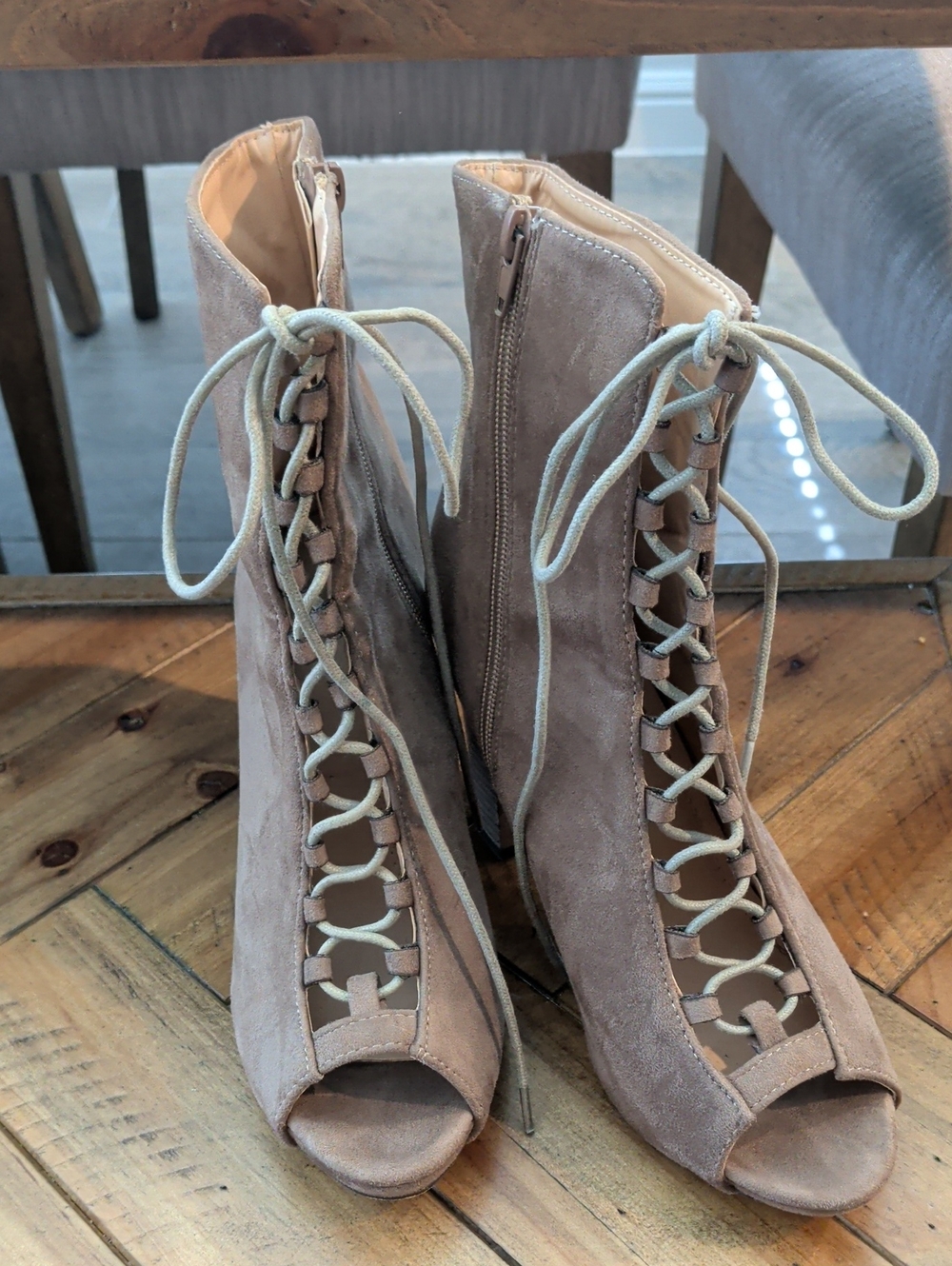 Suede Lace-Up Peep Toe Ankle Boots - Taupe